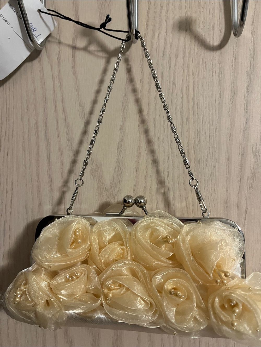 Cream Floral Rosette Evening Clutch with Chain Strap
